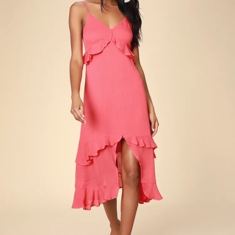 NWT Lulus Island Time Coral Pink Ruffled Midi Dress Size Large